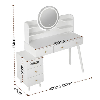 Artiss Dressing Table Vanity Desk – LED Mirror & Charging Station – White