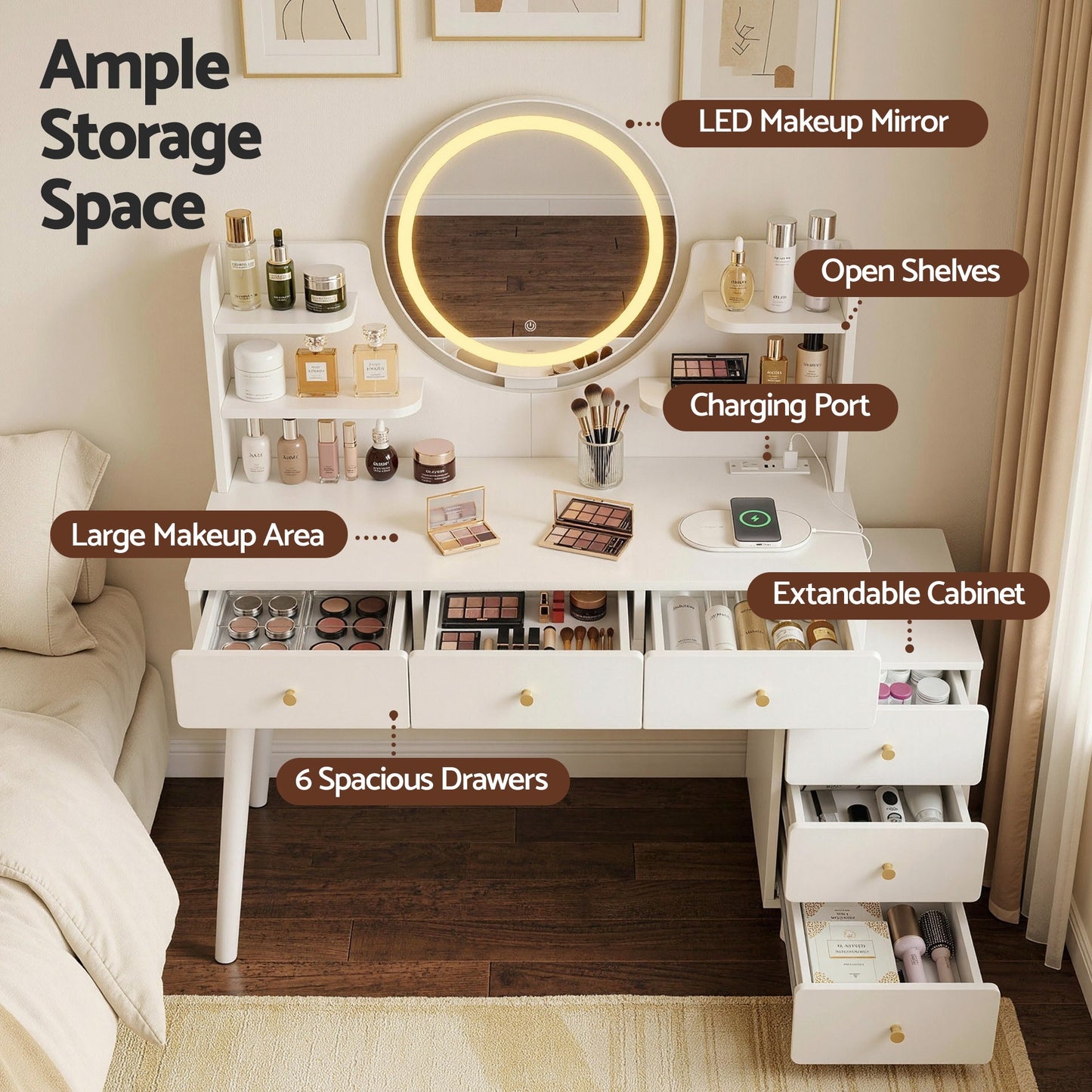 Artiss Dressing Table Vanity Desk – LED Mirror & Charging Station – White