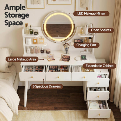 Artiss Dressing Table Vanity Desk – LED Mirror & Charging Station – White