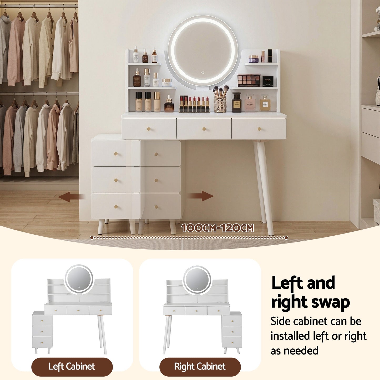 Artiss Dressing Table Vanity Desk – LED Mirror & Charging Station – White