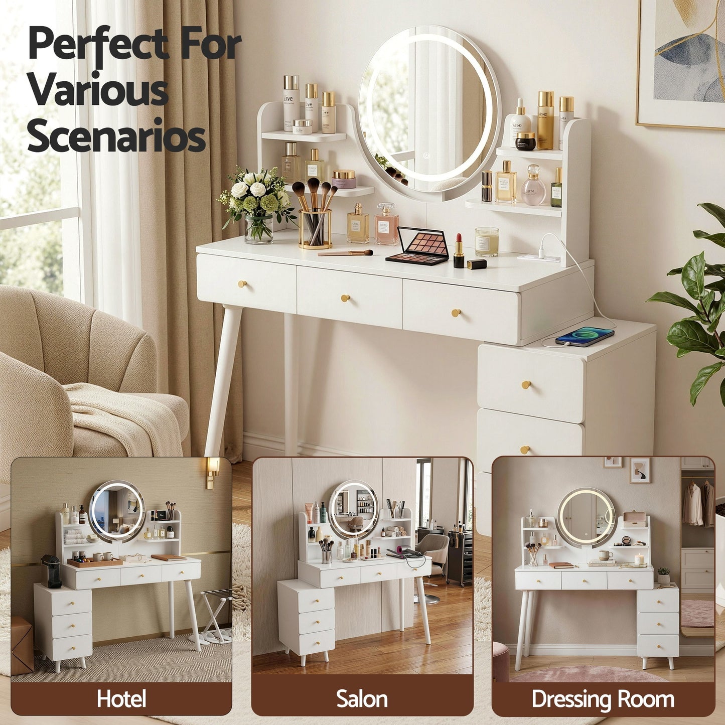 Artiss Dressing Table Vanity Desk – LED Mirror & Charging Station – White
