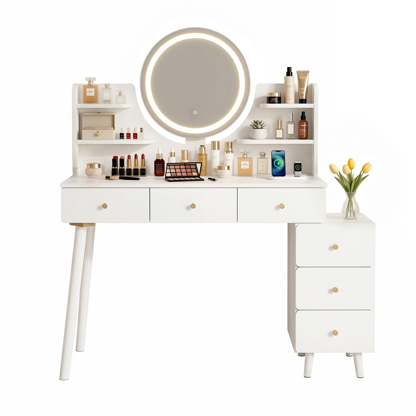 Artiss Dressing Table Vanity Desk – LED Mirror & Charging Station – White