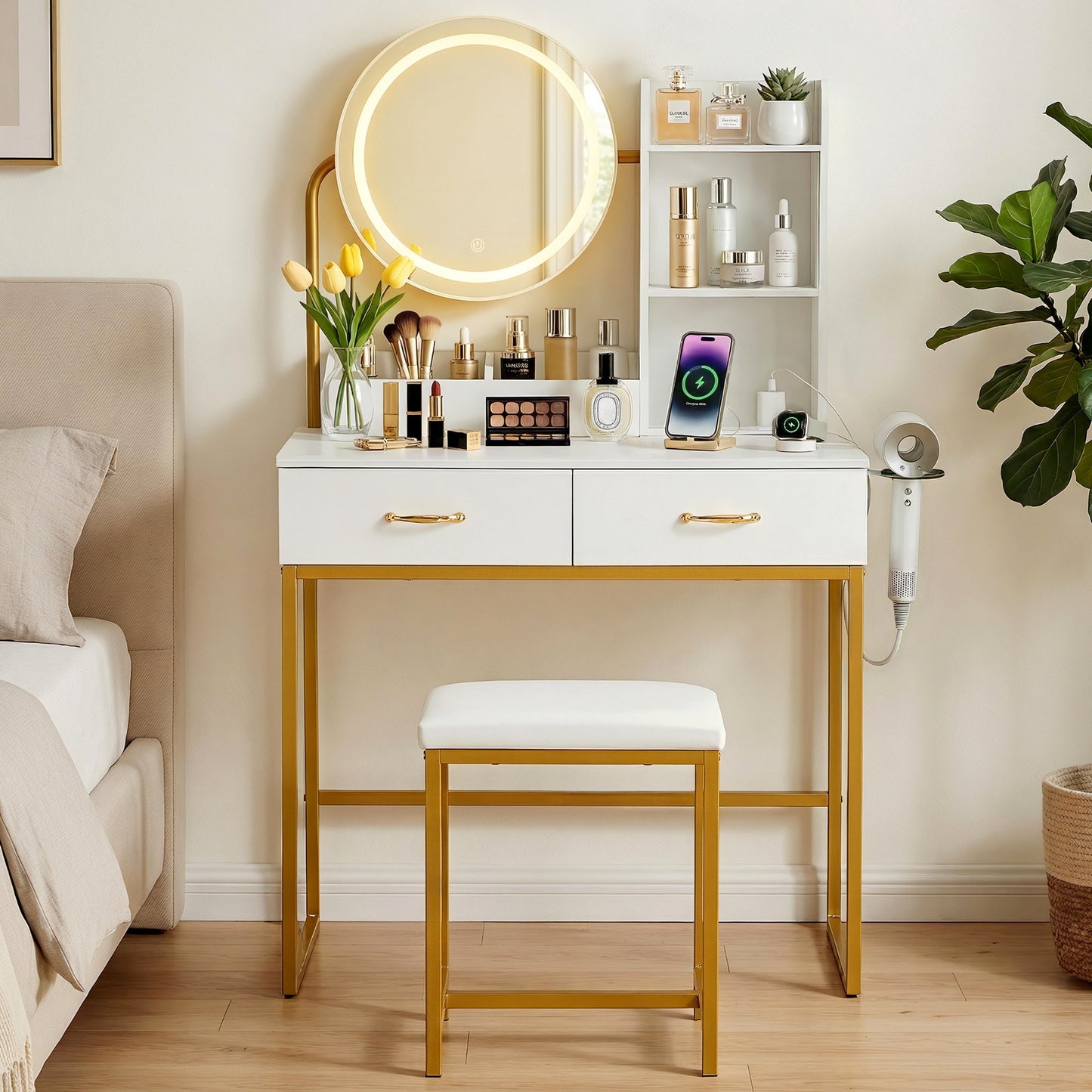 Artiss Dressing Table Vanity Desk Set with Stool – LED Mirror & Charging Station – White & Gold