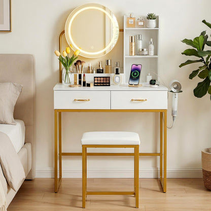 Artiss Dressing Table Vanity Desk Set with Stool – LED Mirror & Charging Station – White & Gold