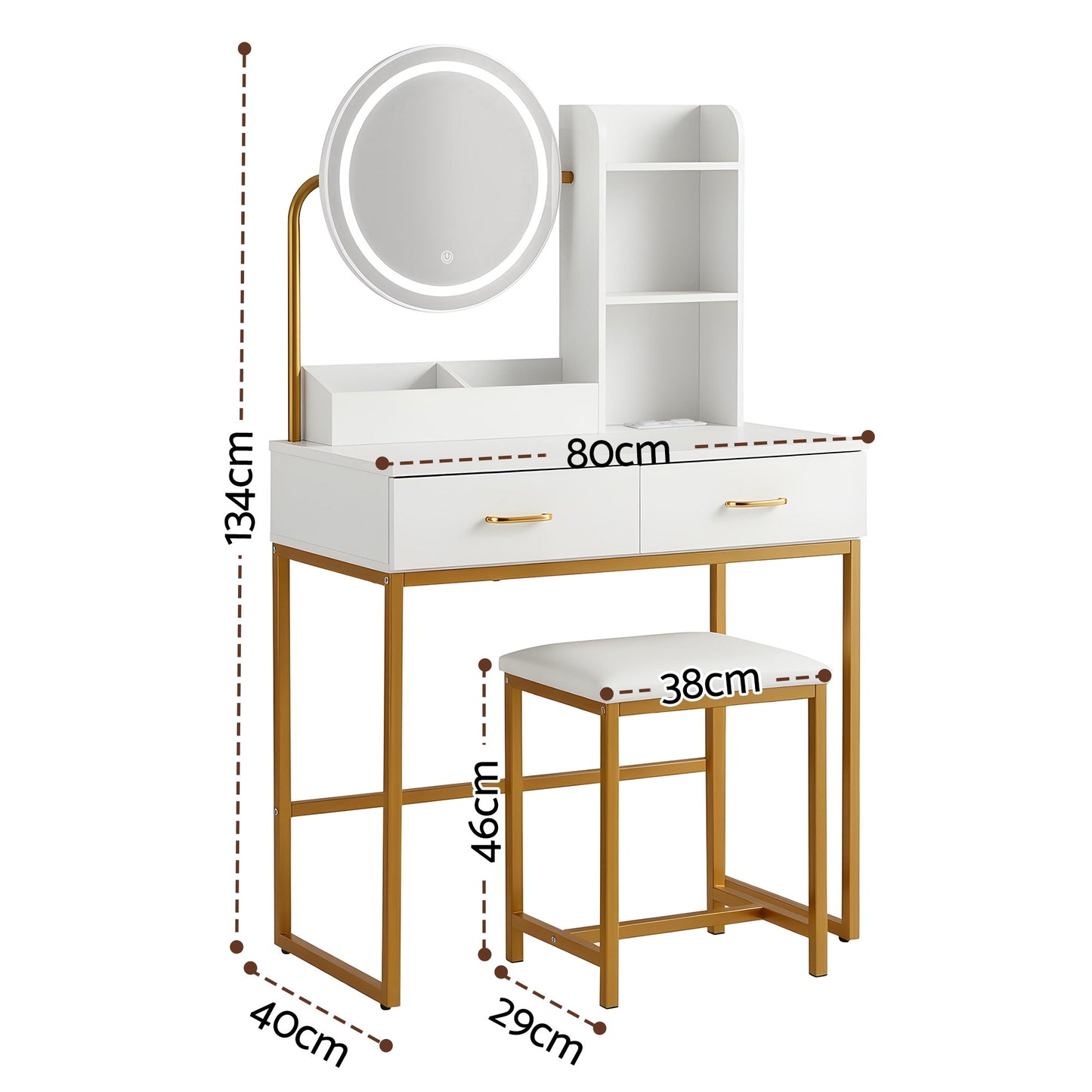 Artiss Dressing Table Vanity Desk Set with Stool – LED Mirror & Charging Station – White & Gold