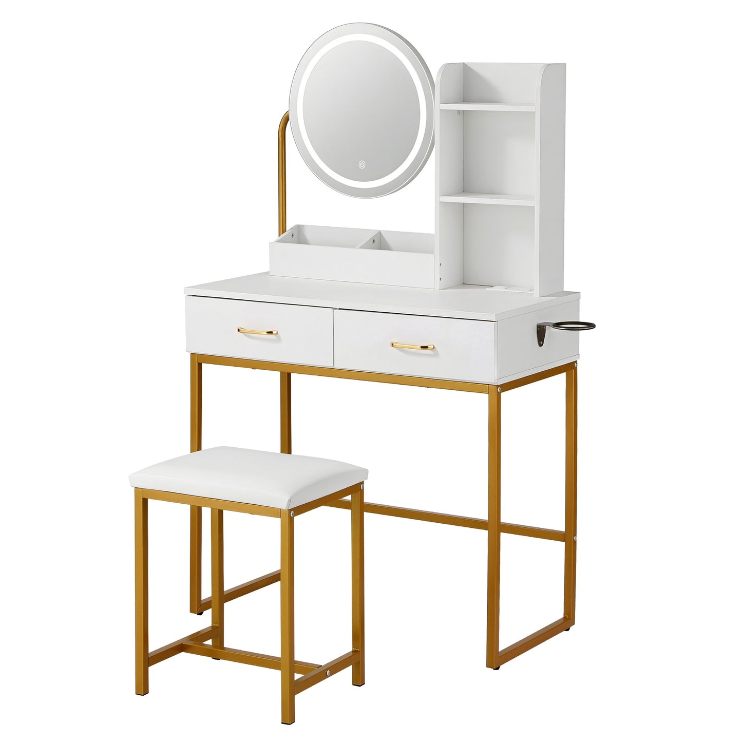 Artiss Dressing Table Vanity Desk Set with Stool – LED Mirror & Charging Station – White & Gold