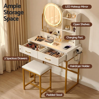 Artiss Dressing Table Vanity Desk Set with Stool – LED Mirror & Charging Station – White & Gold