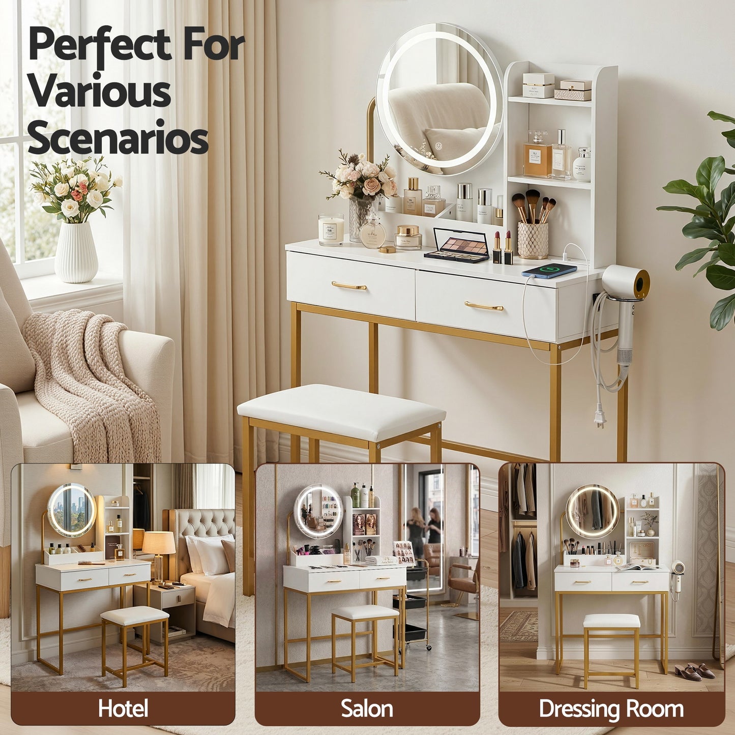 Artiss Dressing Table Vanity Desk Set with Stool – LED Mirror & Charging Station – White & Gold