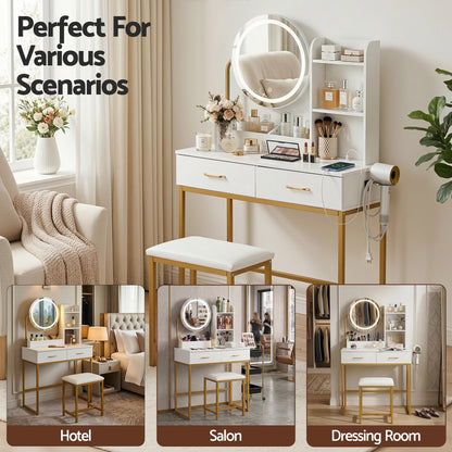 Artiss Dressing Table Vanity Desk Set with Stool – LED Mirror & Charging Station – White & Gold