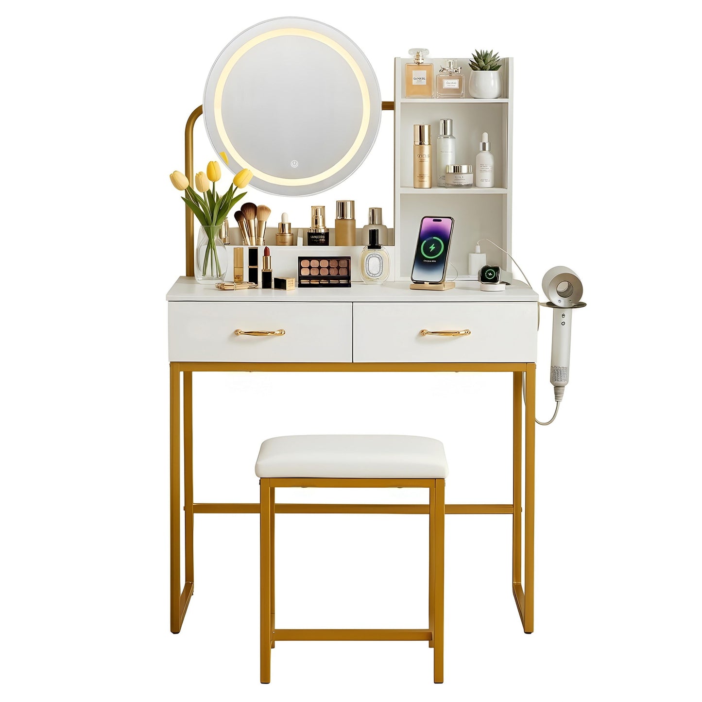 Artiss Dressing Table Vanity Desk Set with Stool – LED Mirror & Charging Station – White & Gold
