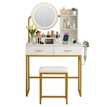 Artiss Dressing Table Vanity Desk Set with Stool – LED Mirror & Charging Station – White & Gold