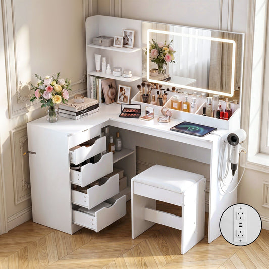 Artiss Corner Dressing Table Vanity Desk Set – LED Mirror, Charging Station & Stool – White