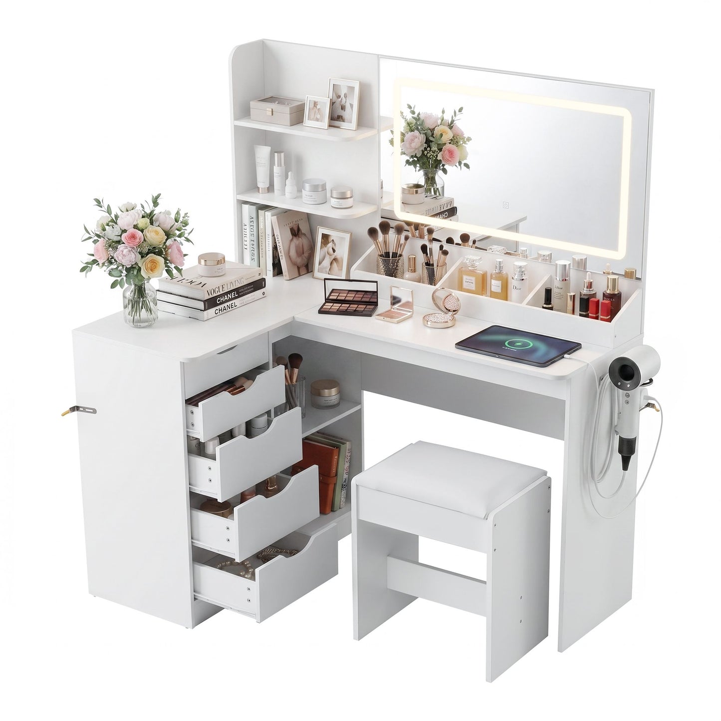 Artiss Corner Dressing Table Vanity Desk Set – LED Mirror, Charging Station & Stool – White