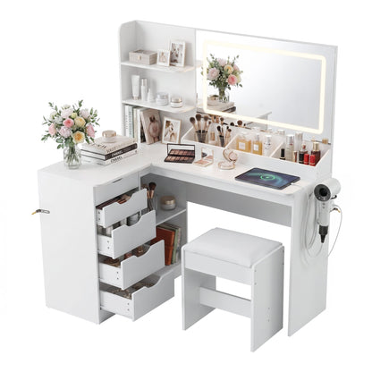 Artiss Corner Dressing Table Vanity Desk Set – LED Mirror, Charging Station & Stool – White