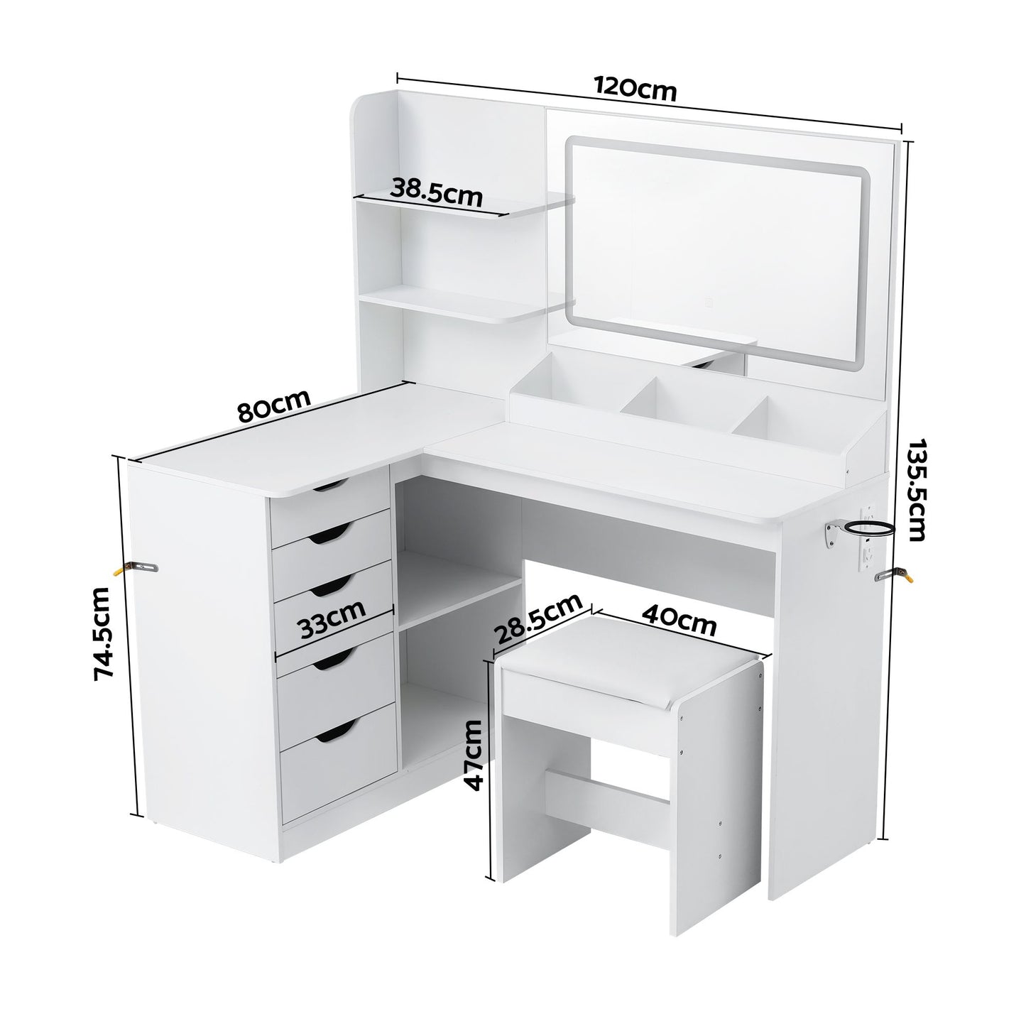 Artiss Corner Dressing Table Vanity Desk Set – LED Mirror, Charging Station & Stool – White