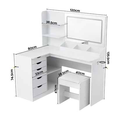 Artiss Corner Dressing Table Vanity Desk Set – LED Mirror, Charging Station & Stool – White