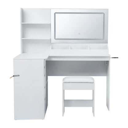 Artiss Corner Dressing Table Vanity Desk Set – LED Mirror, Charging Station & Stool – White