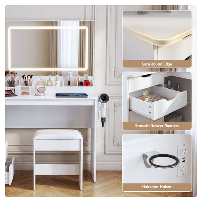 Artiss Corner Dressing Table Vanity Desk Set – LED Mirror, Charging Station & Stool – White