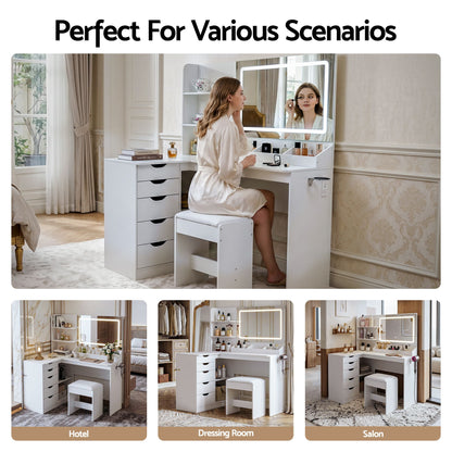 Artiss Corner Dressing Table Vanity Desk Set – LED Mirror, Charging Station & Stool – White