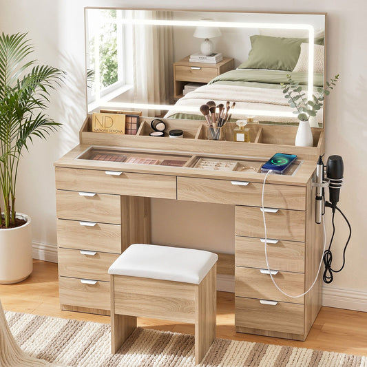 Artiss Dressing Table Makeup Vanity Desk – 10 Drawers with LED Mirror, Power Outlet & Hair Dryer Holder – Wood