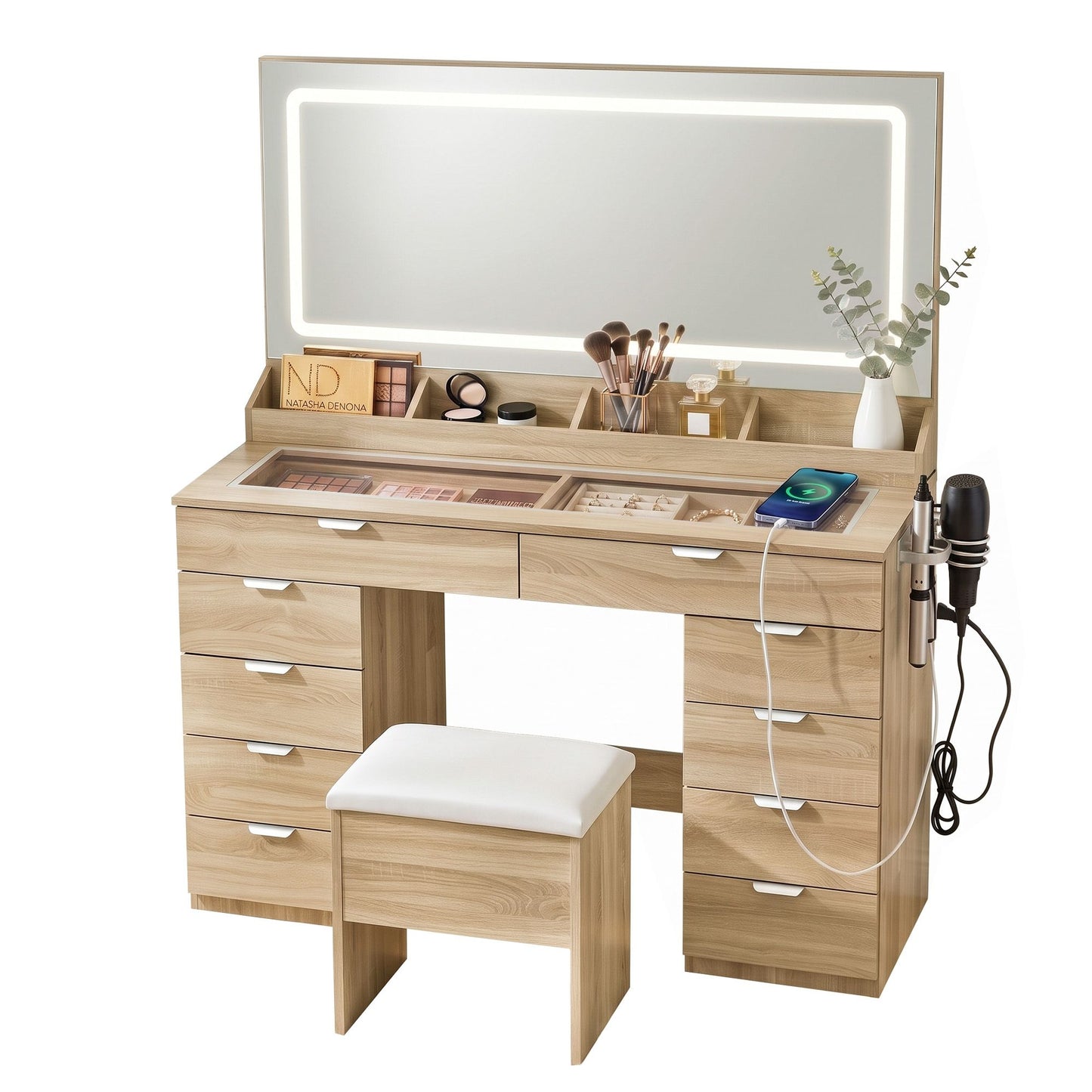 Artiss Dressing Table Makeup Vanity Desk – 10 Drawers with LED Mirror, Power Outlet & Hair Dryer Holder – Wood