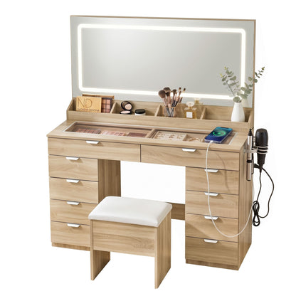 Artiss Dressing Table Makeup Vanity Desk – 10 Drawers with LED Mirror, Power Outlet & Hair Dryer Holder – Wood