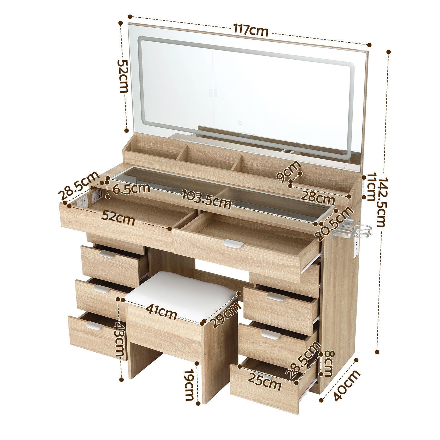 Artiss Dressing Table Makeup Vanity Desk – 10 Drawers with LED Mirror, Power Outlet & Hair Dryer Holder – Wood