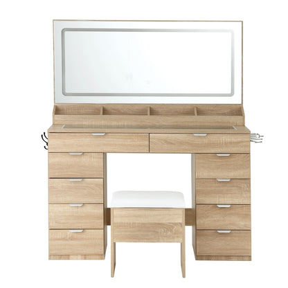 Artiss Dressing Table Makeup Vanity Desk – 10 Drawers with LED Mirror, Power Outlet & Hair Dryer Holder – Wood