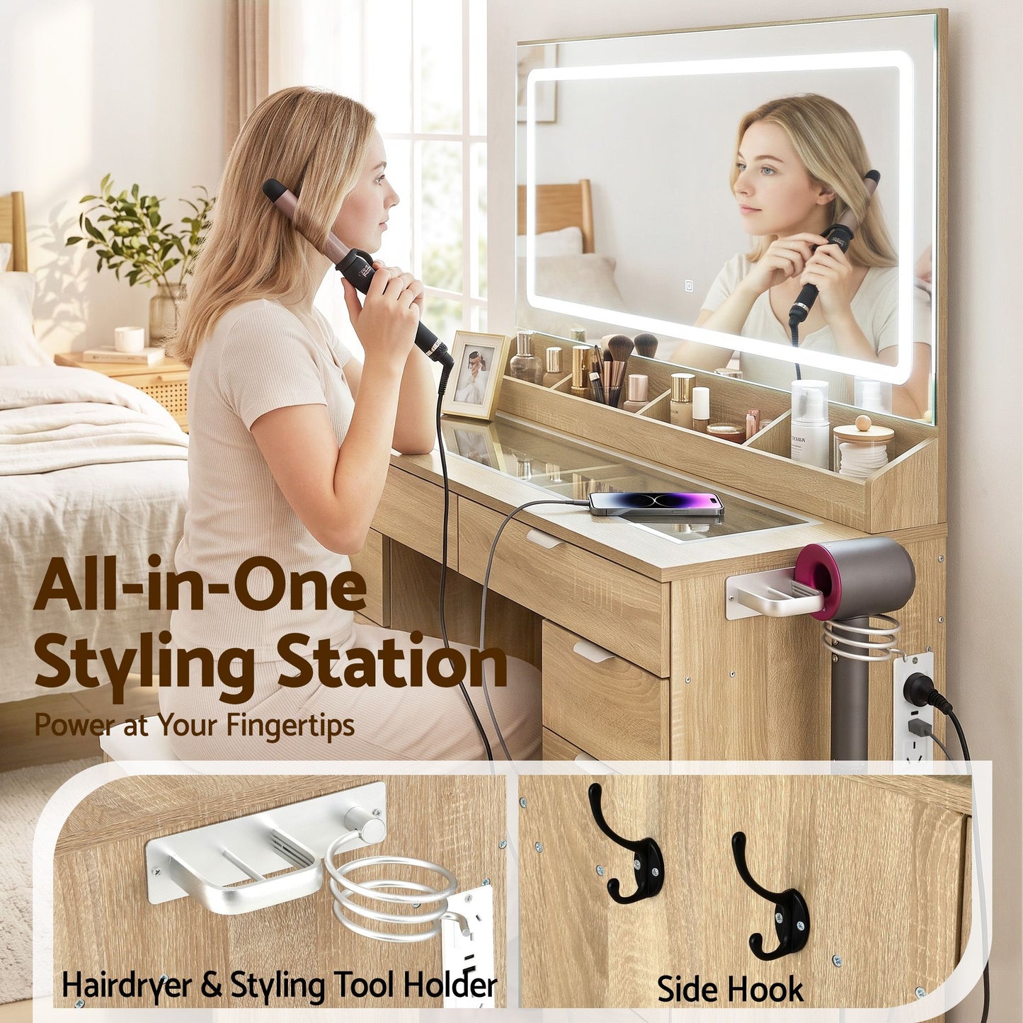 Artiss Dressing Table Makeup Vanity Desk – 10 Drawers with LED Mirror, Power Outlet & Hair Dryer Holder – Wood