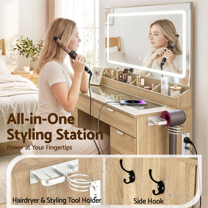 Artiss Dressing Table Makeup Vanity Desk – 10 Drawers with LED Mirror, Power Outlet & Hair Dryer Holder – Wood