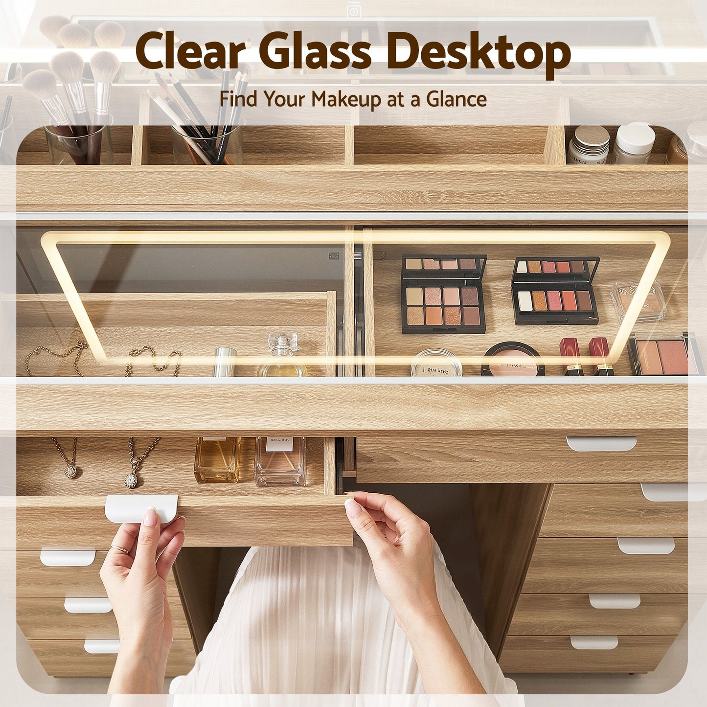 Artiss Dressing Table Makeup Vanity Desk – 10 Drawers with LED Mirror, Power Outlet & Hair Dryer Holder – Wood