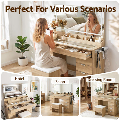 Artiss Dressing Table Makeup Vanity Desk – 10 Drawers with LED Mirror, Power Outlet & Hair Dryer Holder – Wood
