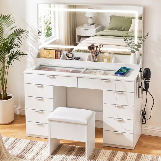 Artiss Dressing Table Makeup Vanity Desk – 10 Drawers with LED Mirror, Power Outlet & Hair Dryer Holder – White