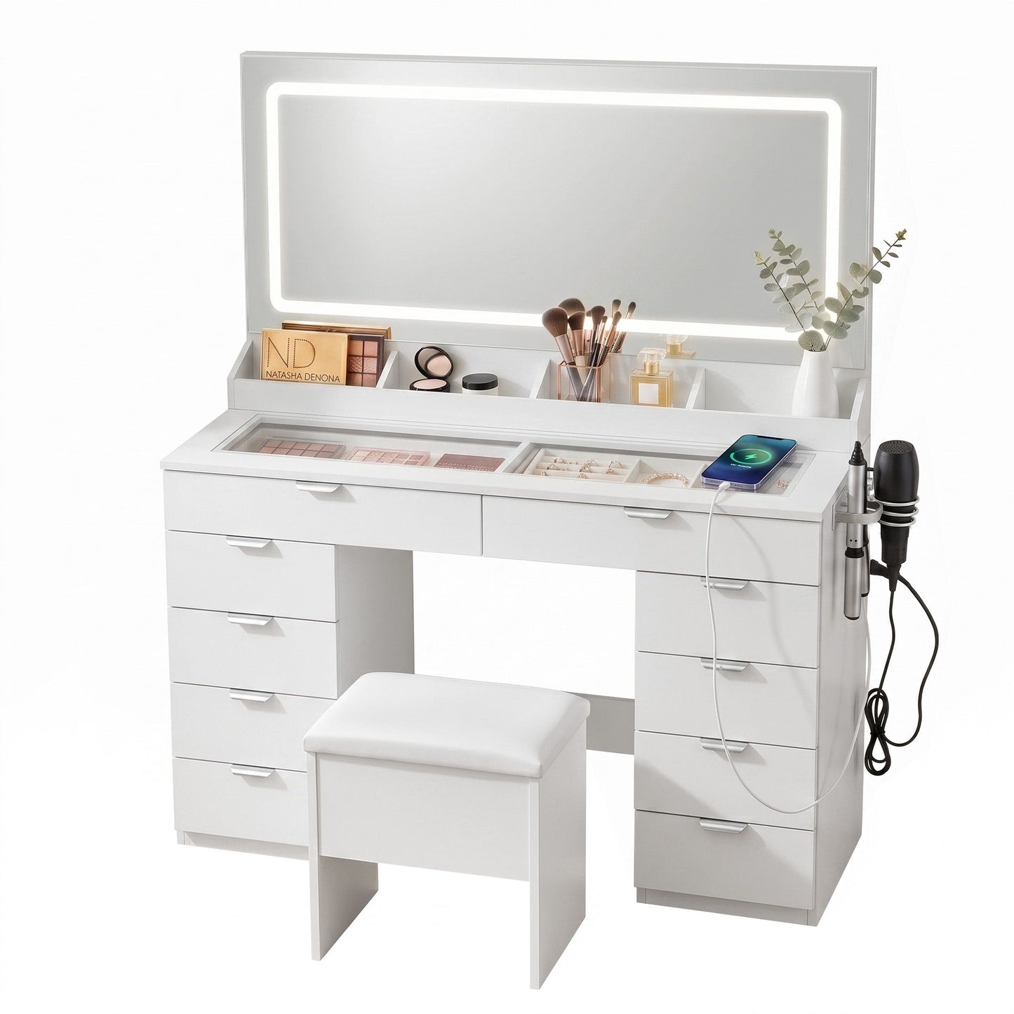 Artiss Dressing Table Makeup Vanity Desk – 10 Drawers with LED Mirror, Power Outlet & Hair Dryer Holder – White