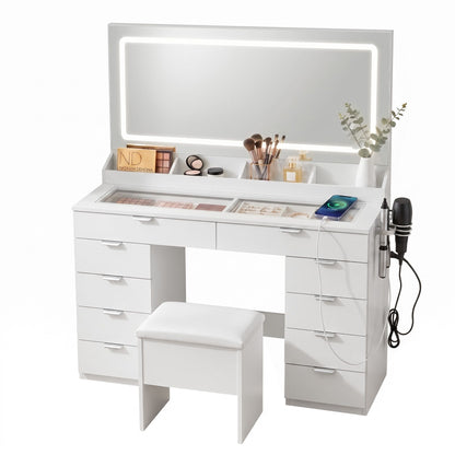 Artiss Dressing Table Makeup Vanity Desk – 10 Drawers with LED Mirror, Power Outlet & Hair Dryer Holder – White