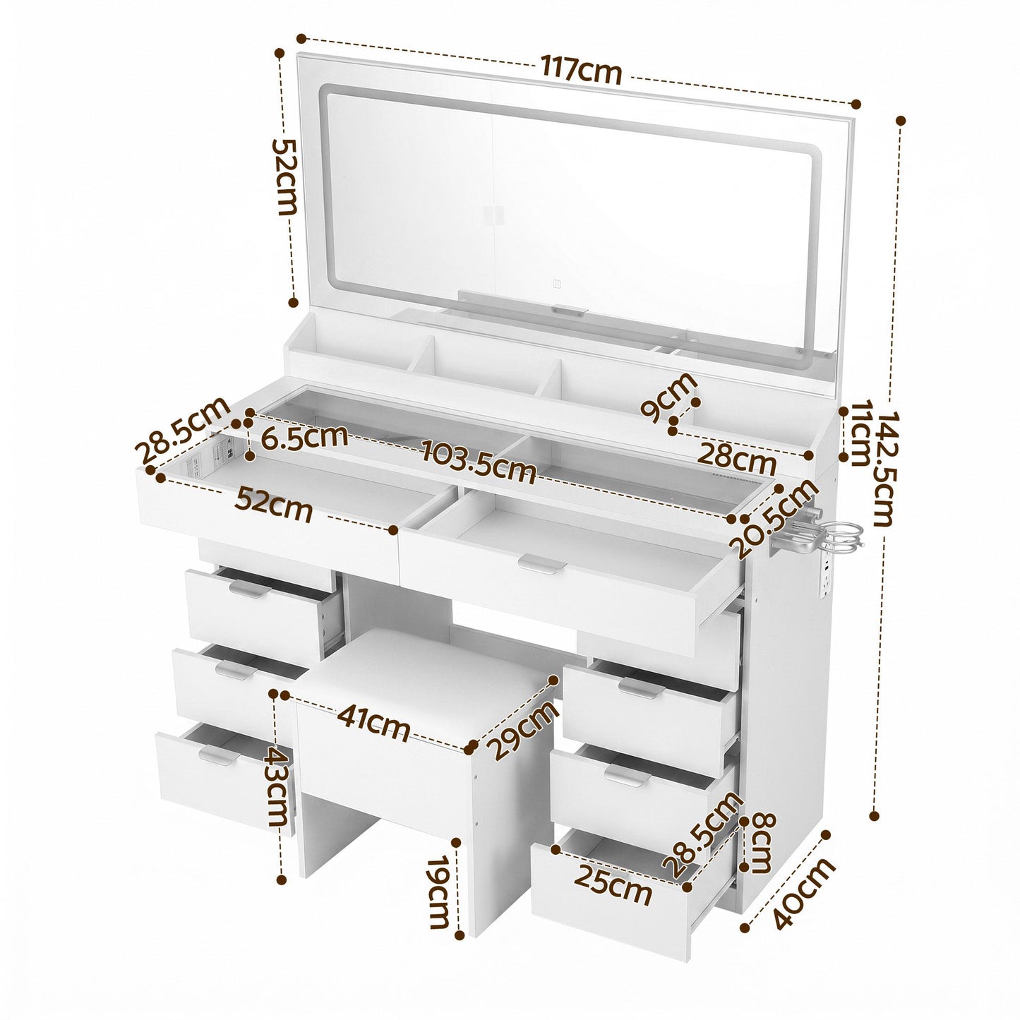 Artiss Dressing Table Makeup Vanity Desk – 10 Drawers with LED Mirror, Power Outlet & Hair Dryer Holder – White
