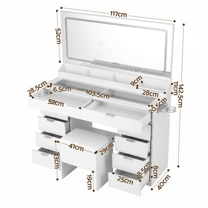 Artiss Dressing Table Makeup Vanity Desk – 10 Drawers with LED Mirror, Power Outlet & Hair Dryer Holder – White
