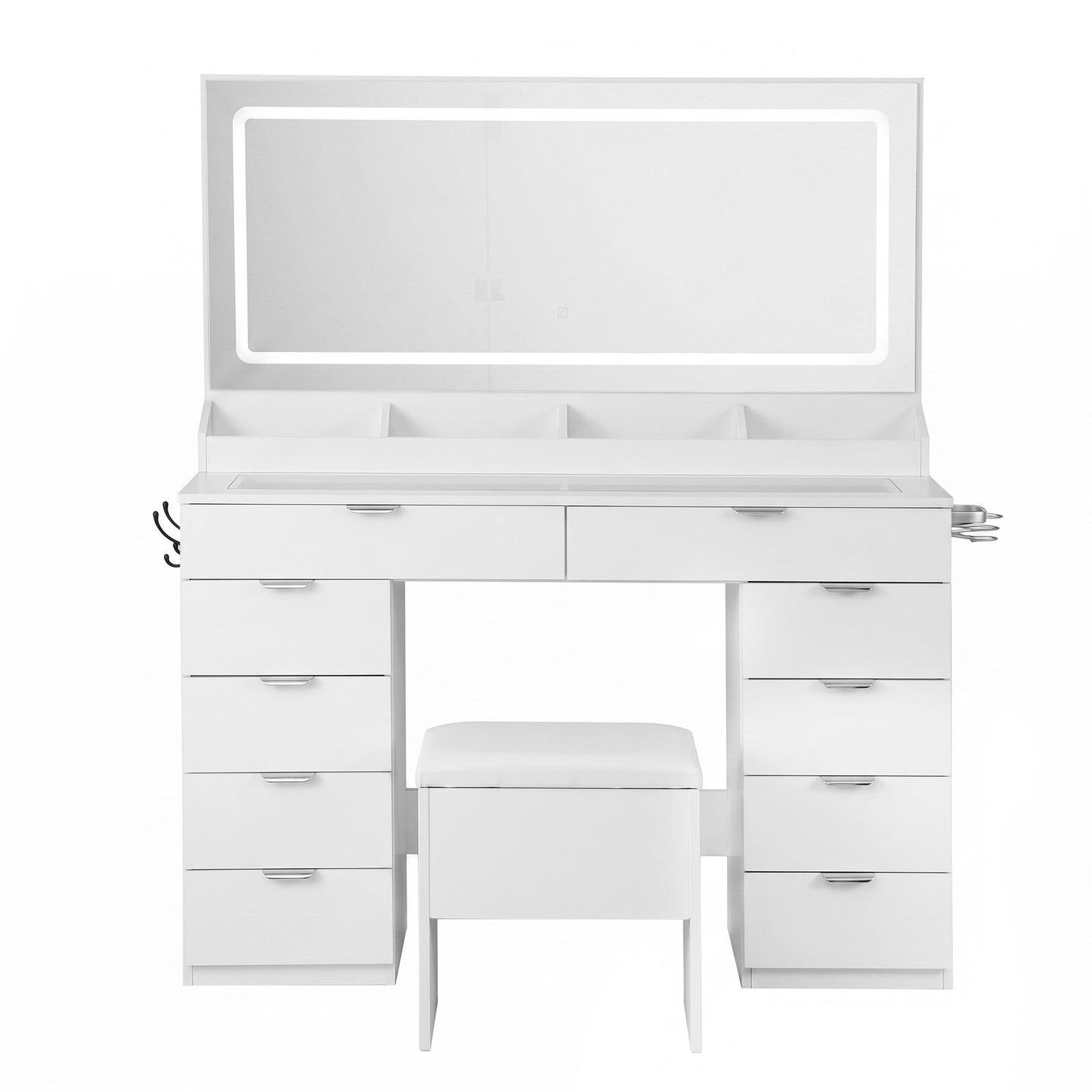 Artiss Dressing Table Makeup Vanity Desk – 10 Drawers with LED Mirror, Power Outlet & Hair Dryer Holder – White