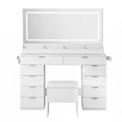Artiss Dressing Table Makeup Vanity Desk – 10 Drawers with LED Mirror, Power Outlet & Hair Dryer Holder – White