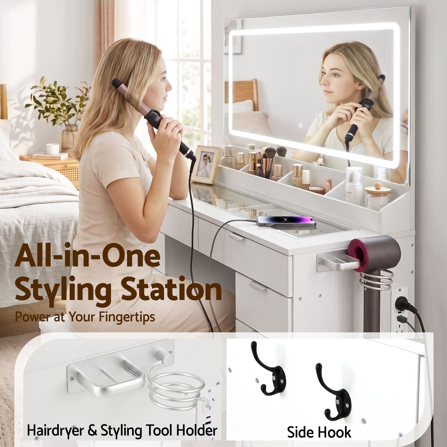 Artiss Dressing Table Makeup Vanity Desk – 10 Drawers with LED Mirror, Power Outlet & Hair Dryer Holder – White