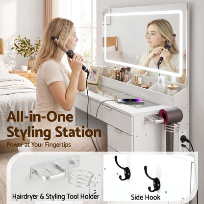 Artiss Dressing Table Makeup Vanity Desk – 10 Drawers with LED Mirror, Power Outlet & Hair Dryer Holder – White