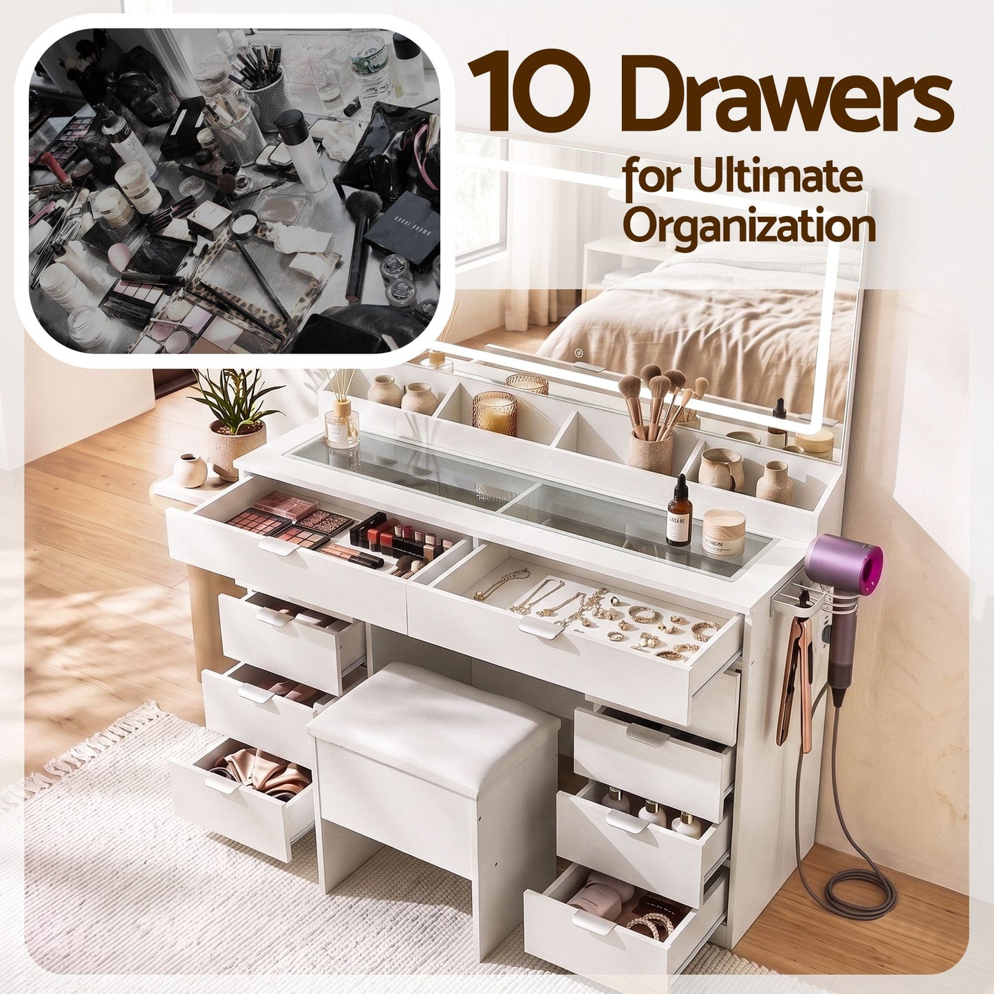 Artiss Dressing Table Makeup Vanity Desk – 10 Drawers with LED Mirror, Power Outlet & Hair Dryer Holder – White