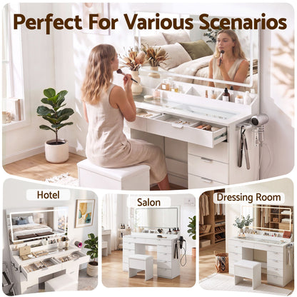 Artiss Dressing Table Makeup Vanity Desk – 10 Drawers with LED Mirror, Power Outlet & Hair Dryer Holder – White