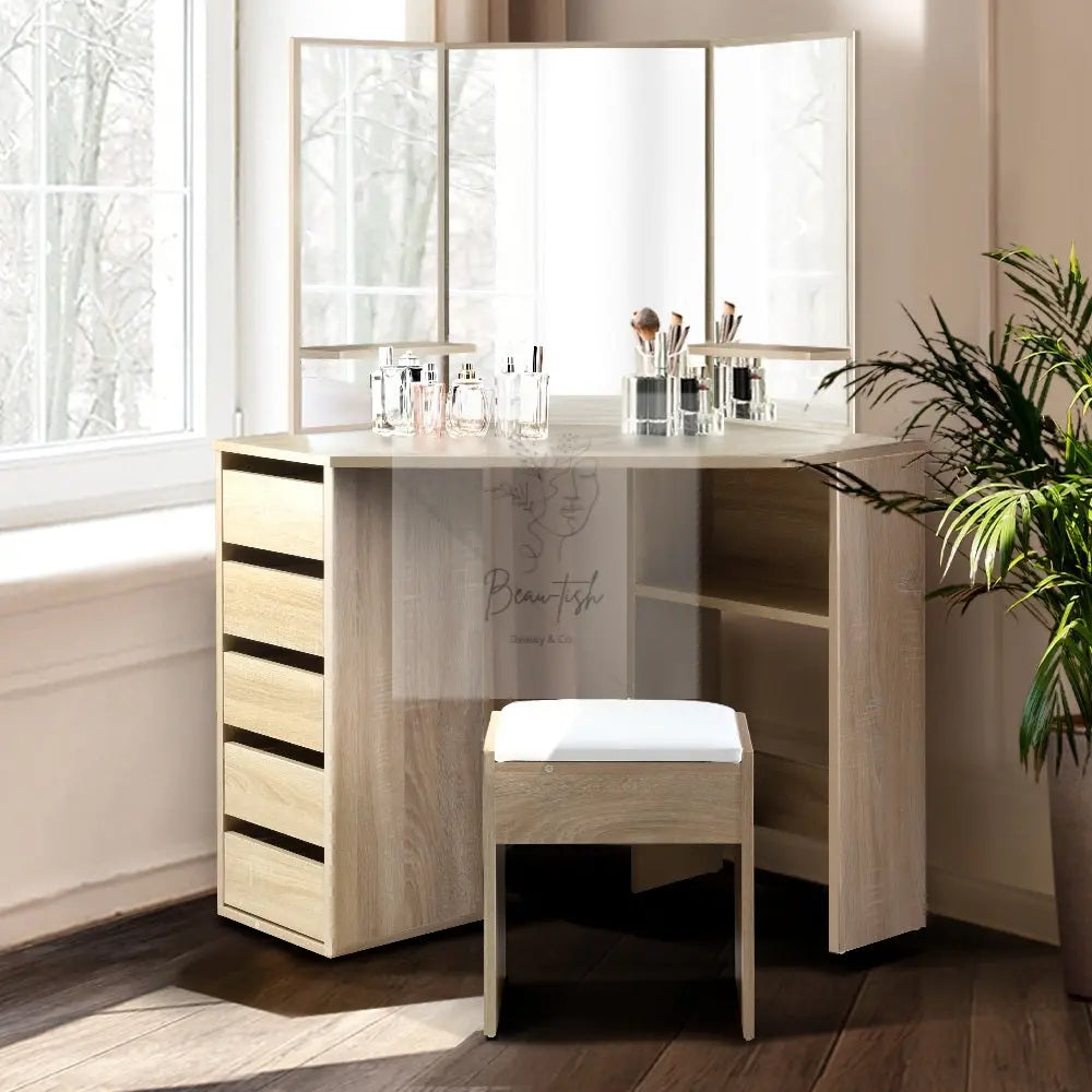 Artiss Dressing Table Stool Set Corner 5 Drawers Oak Beau-tish