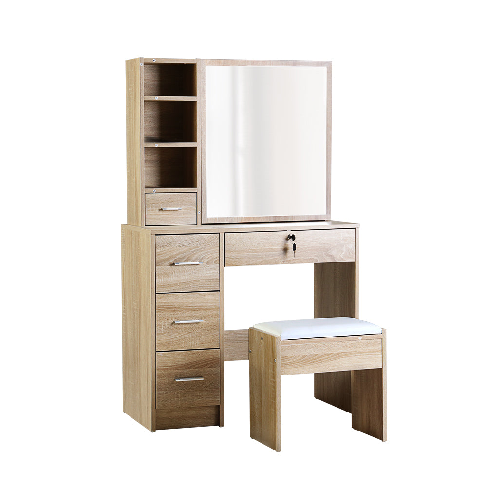 Artiss Dressing Table Stool Set – Sliding Mirror 5 Drawers Oak Diane