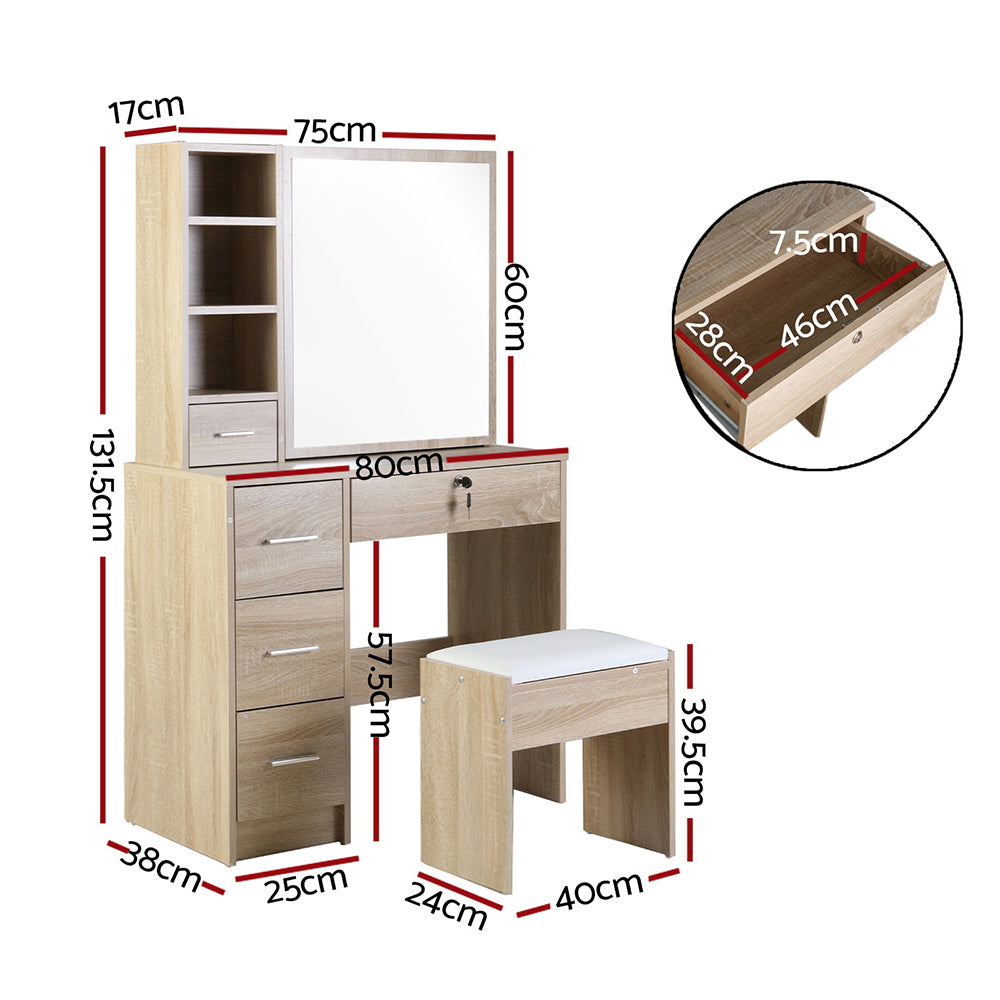 Artiss Dressing Table Stool Set – Sliding Mirror 5 Drawers Oak Diane