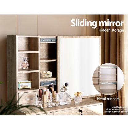 Artiss Dressing Table Stool Set – Sliding Mirror 5 Drawers Oak Diane