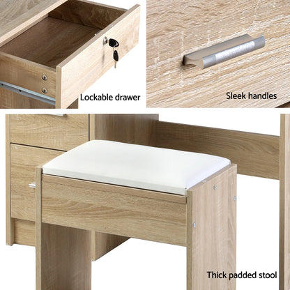 Artiss Dressing Table Stool Set – Sliding Mirror 5 Drawers Oak Diane