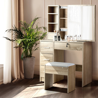 Artiss Dressing Table Stool Set – Sliding Mirror 5 Drawers Oak Diane