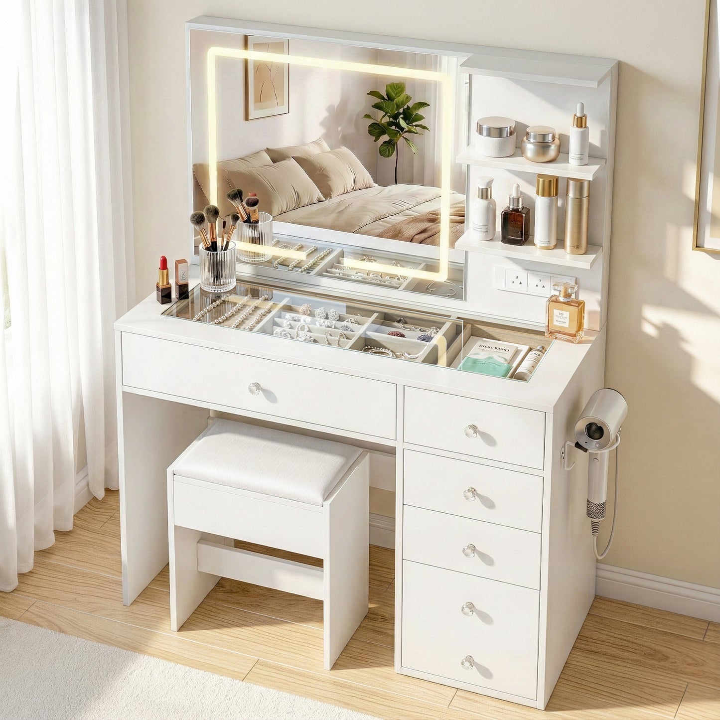 Artiss Dressing Table LED Vanity DesArtiss Dressing Table LED Vanity Desk Set with Stool – Whitek Set Stool White